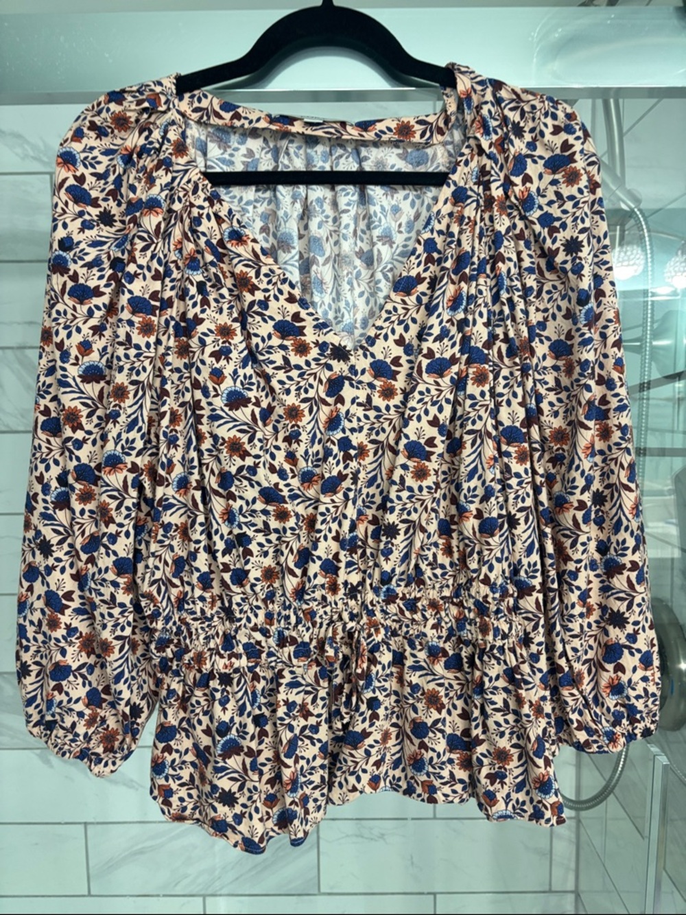 LOFT Cream Floral V-Neck Peplum Blouse with Blue & Brown Accents